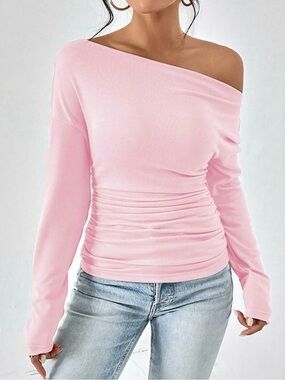 💖Yozy super soft Off-Shoulder Ruched Pink Long-Sleeve Top🥳🥳❌❌